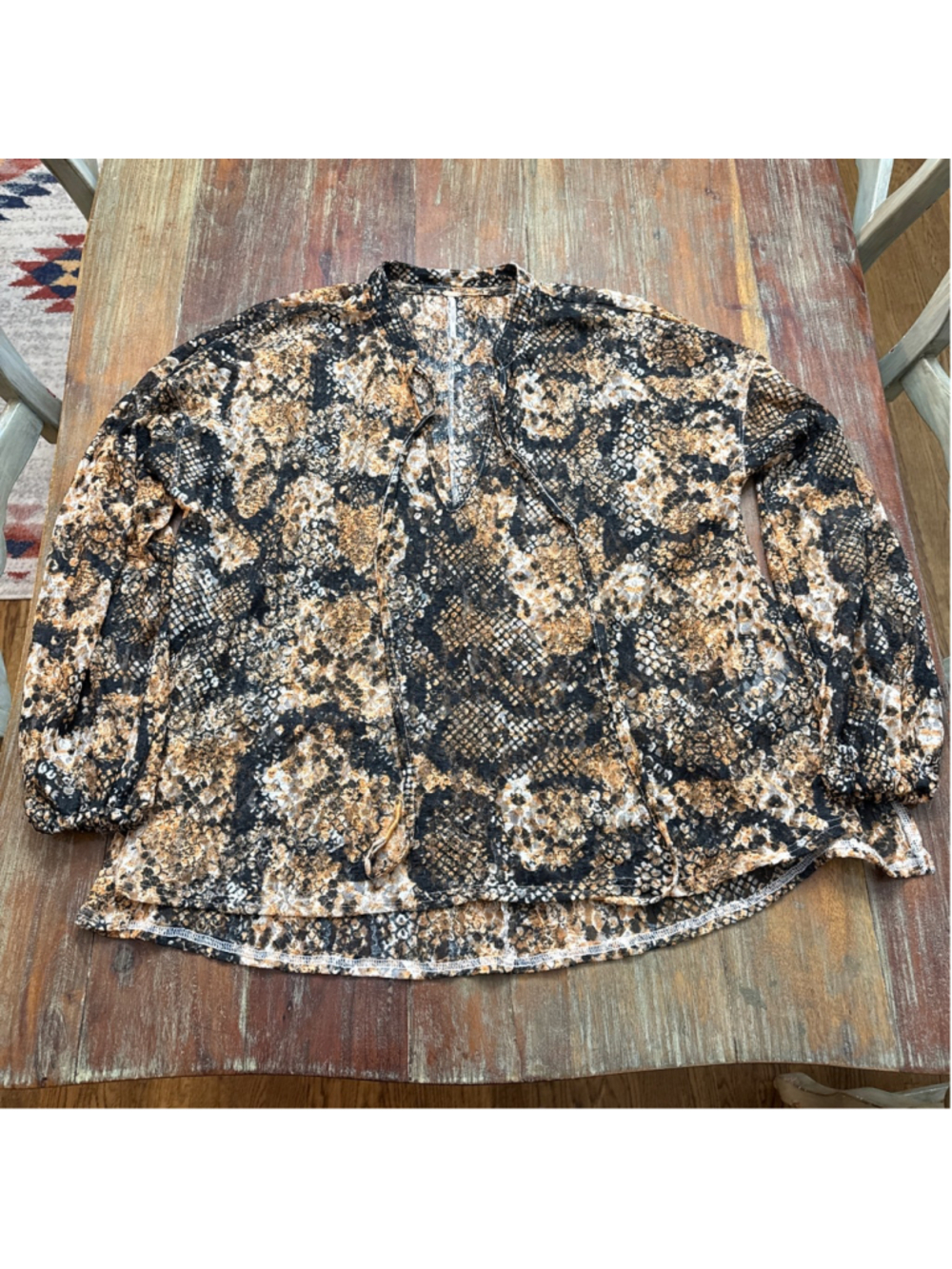 Free People Blouse Small Black Snake Print Sheer Long Sleeve